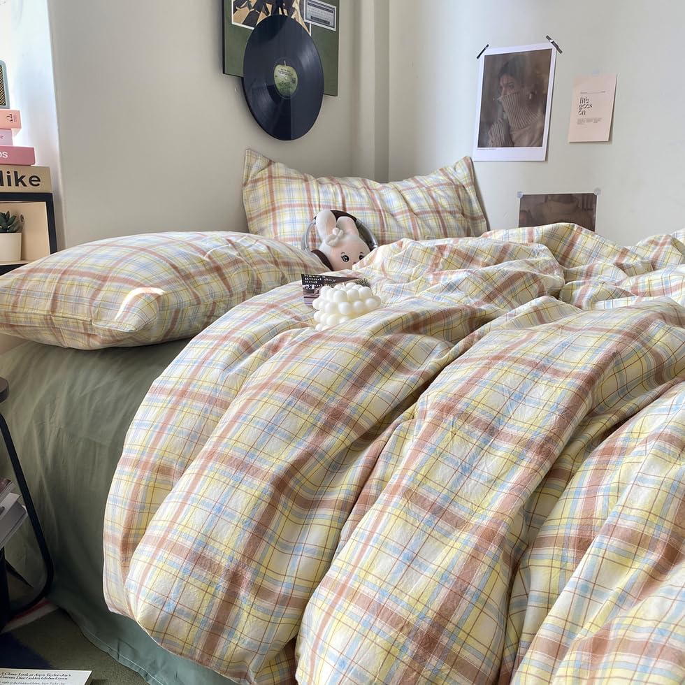 EAVD Vintage Buffalo Plaid Duvet Cover Queen Red&Black&Green Muslin Cotton