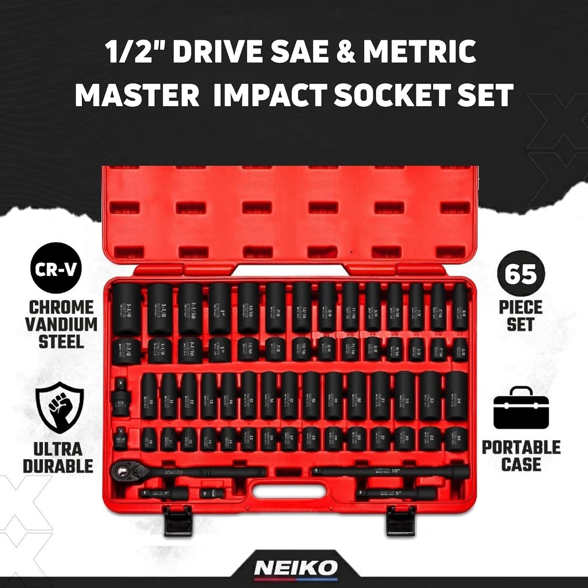 NEIKO 02448A 1/2" Drive Master Impact Socket Set, 65 Piece, Standard SAE (3/8"-1-1/4") & Metric (10-24 mm) Sizes, Deep & Shallow Kit, Includes Adapters & Ratchet Handle