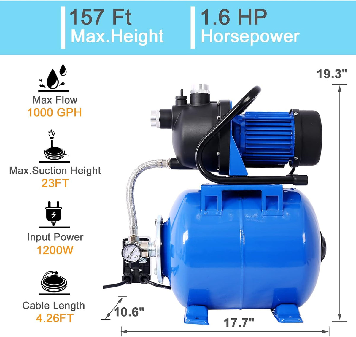 1.6HP Shallow Well Pump with Pressure Tank,garden water pump, Automatic Water Booster for Home Garden Lawn Farm (Blue)