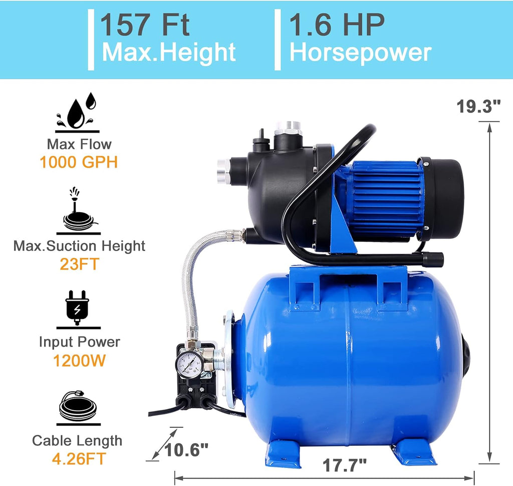 1.6 HP Shallow Well Pump with Pressure Tank, 110V Garden Water Pump, 1000GPH,Stainless Steel, Automatic Water Booster Jet Pump with for Home, Garden, Lawn, Irrigation