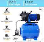 1.6 HP Shallow Well Pump with Pressure Tank, 110V Garden Water Pump, 1000GPH,Stainless Steel, Automatic Water Booster Jet Pump with for Home, Garden, Lawn, Irrigation