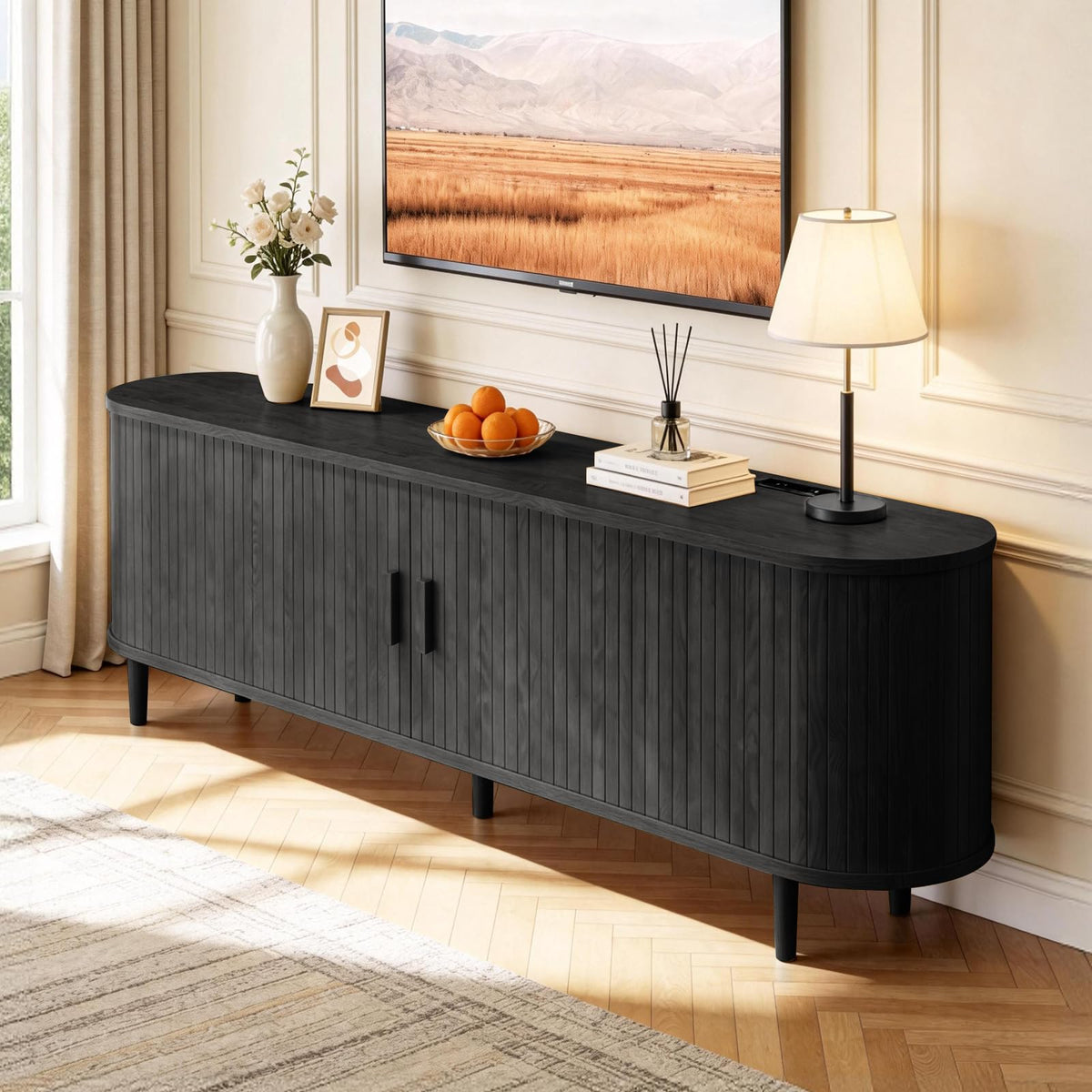 65" Mid Century Modern TV Stand with Power Outlet, Fluted Entertainment Center with Storage and Adjustable Shelves, Wood TV Console with Sliding Doors for Living Room, Walnut
