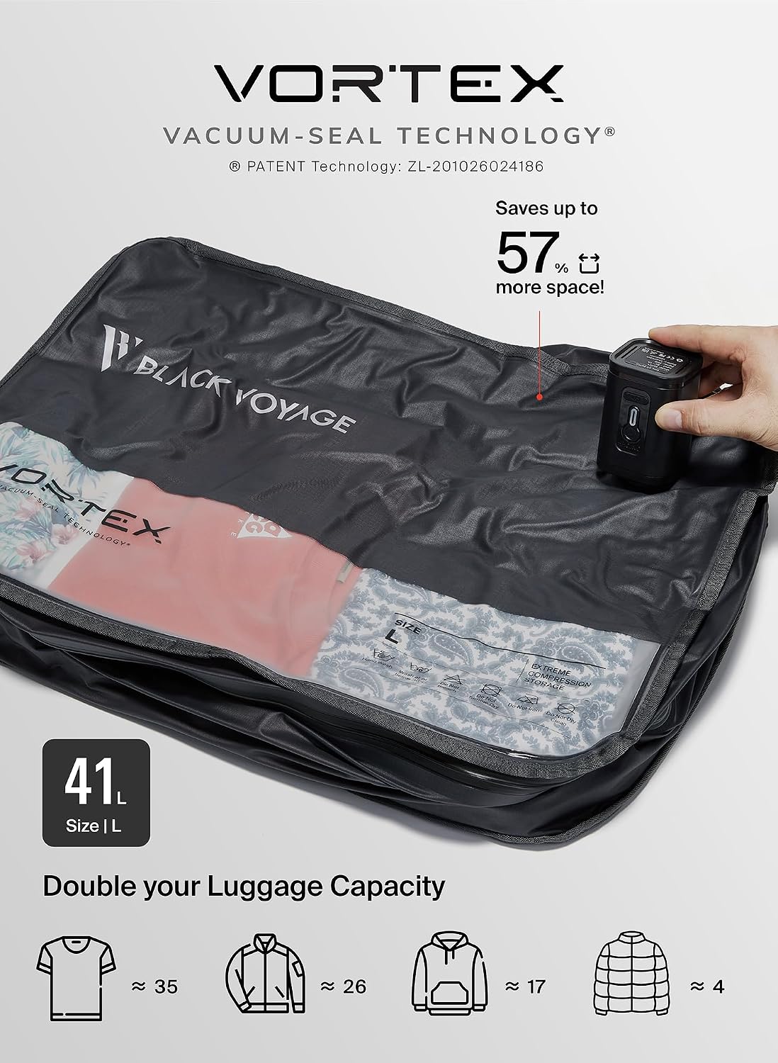 Black Voyage Reusable Vacuum Compression Travel Bag for Carry-On Suitcase and Backpack, Recycled IPX8 Waterproof Space Saver Vacpack (2-Pack, 41L - No Pump)