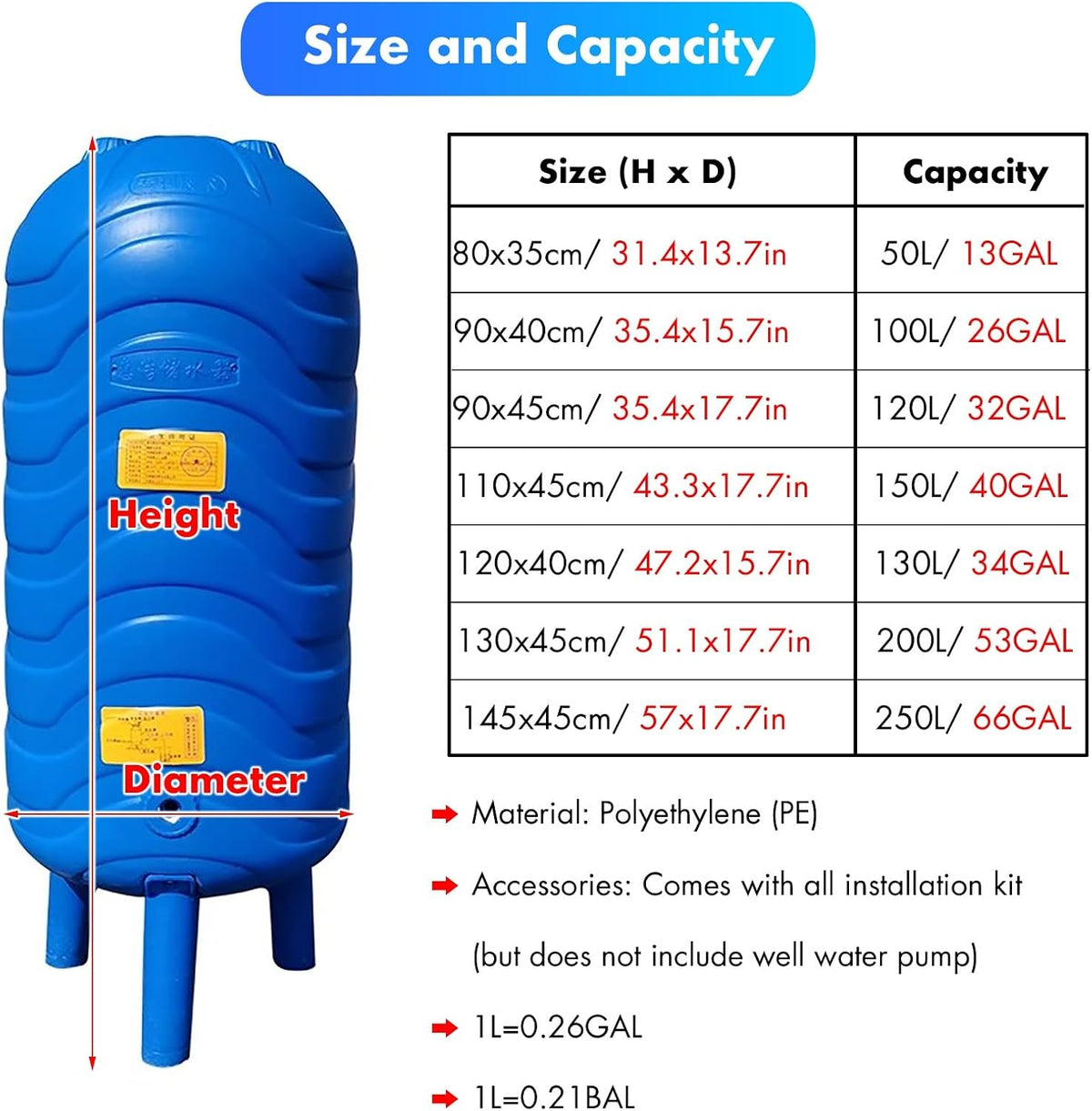 Cistern Water Pressure Tank Residential Garden Water Heater, Large-Capacity Well Tanks for Agricultural Irrigation/ Domestic Water/ Wells, Pressure Tank 10 20 25 30 35 40 50 60 Gallon ( Size : 80x35cm