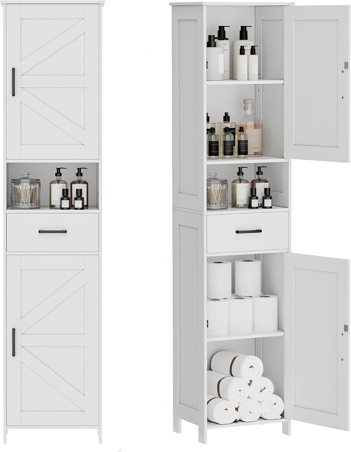 Homhedy 67" H Tall Bathroom Storage Cabinet with Barn Doors and Drawer