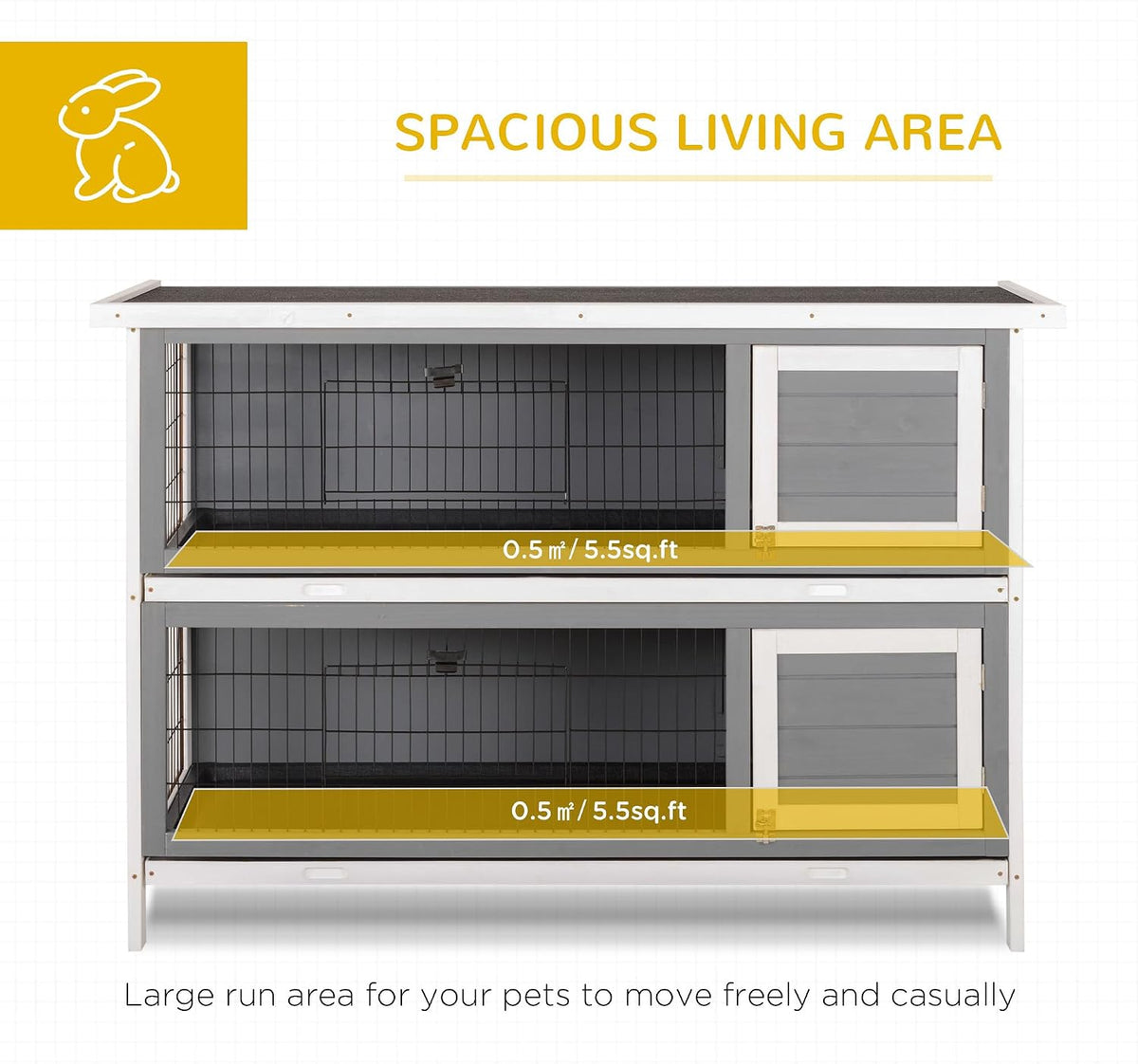 PawHut 54" 2-Story Large Rabbit Hutch Bunny Cage Wooden Pet House Small Animal Habitat with Lockable Doors, No Leak Tray and Waterproof Roof for Outdoor/Indoor Dark Grey