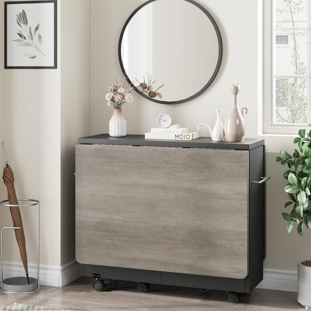 IDEALHOUSE FoldingTable, Drop Leaf Dining Table with 6 Wheels and 2-Layer Storage Shelf, Space Saving Table for Small Spaces (Slate Oak, 47.2" D x 23.6" W x 29.5" H)