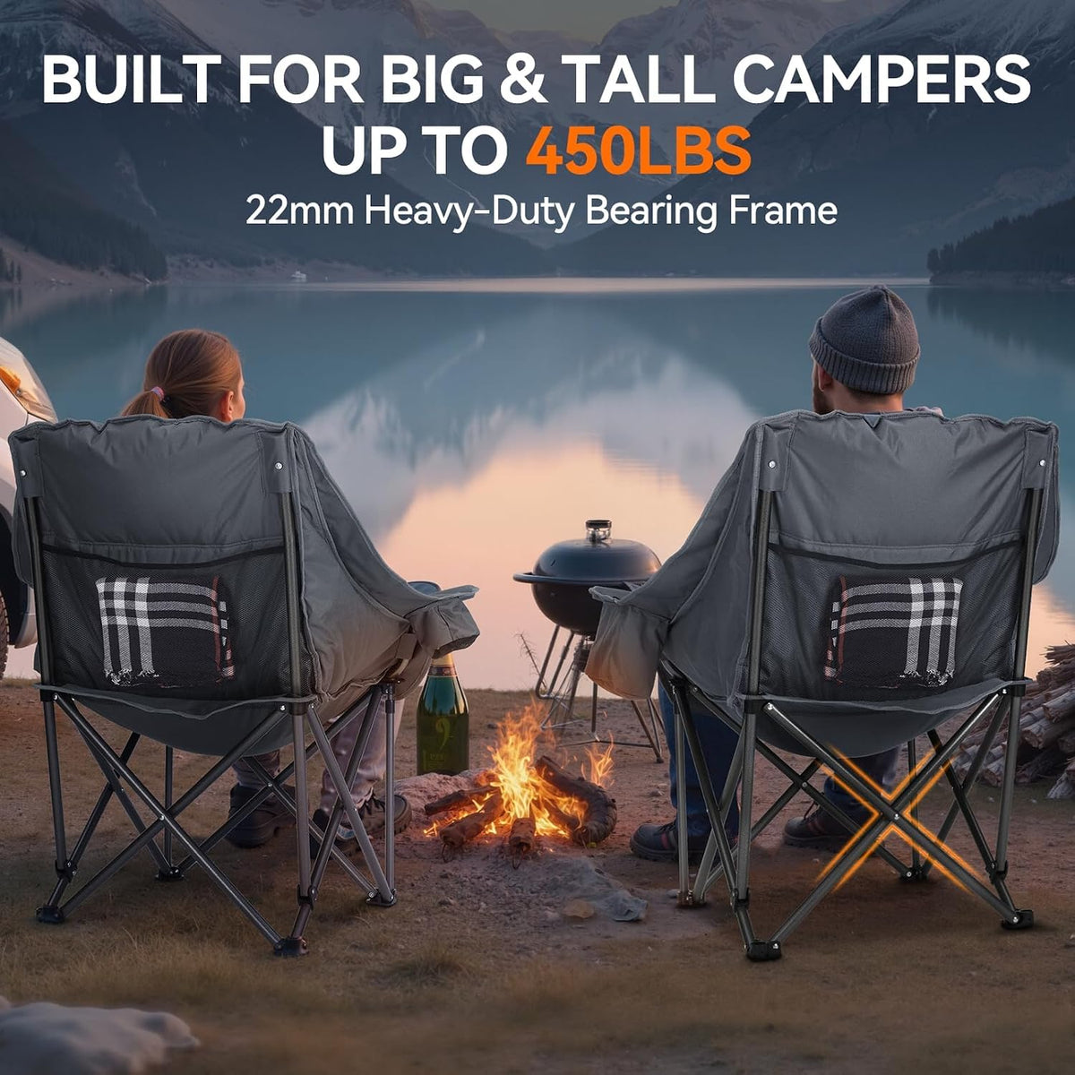 Oversized 2 Pack Camping Chairs, Padded Camping Chair Support 450LBS, Grey