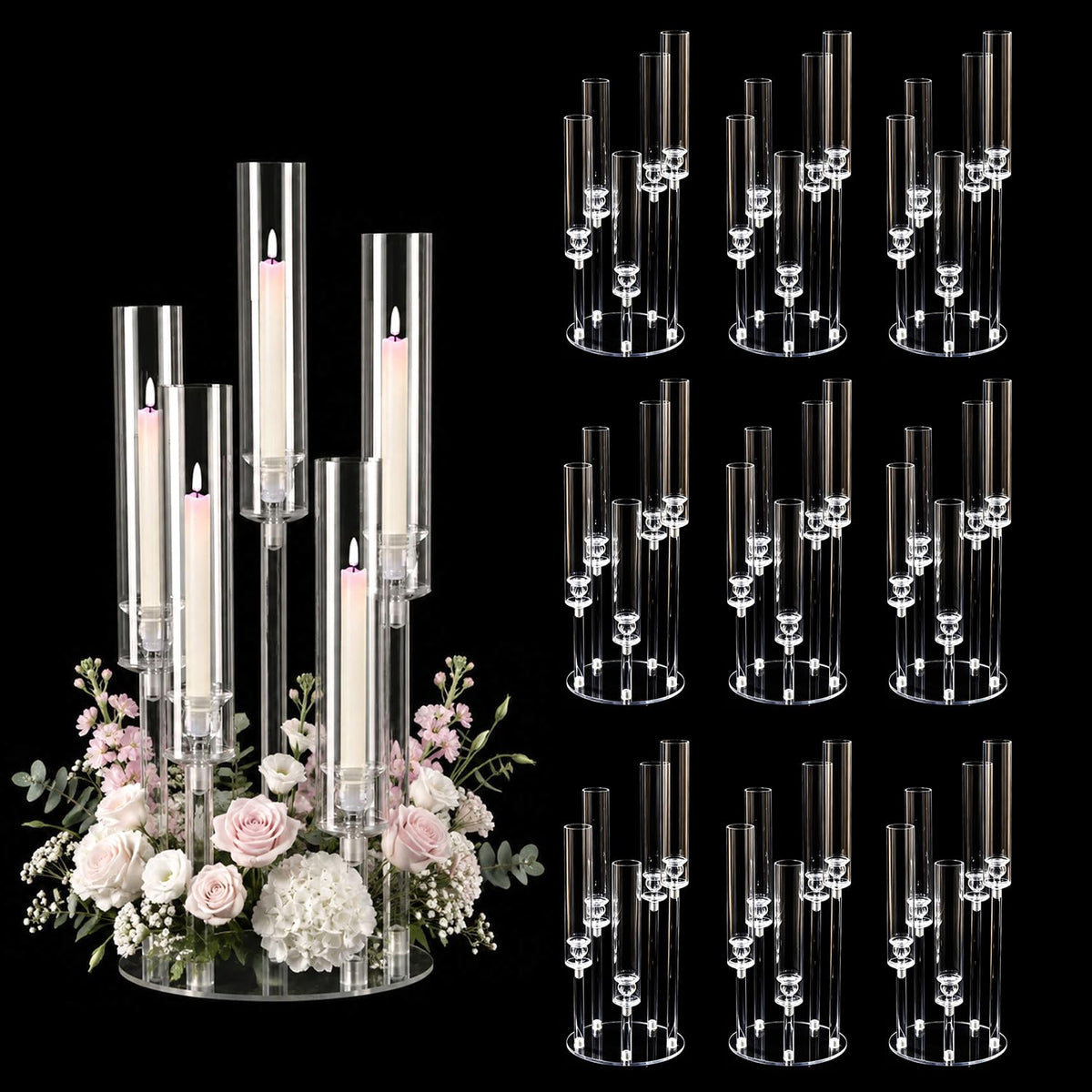 5PCS Acrylic Candelabra for Table Centerpieces,5 Arm Candle Stick Candle Holder Bulk for Wedding Party Birthday Baby Shower Christmas Decor candelabros para centros de mesa Fit 0.8 LED Candle