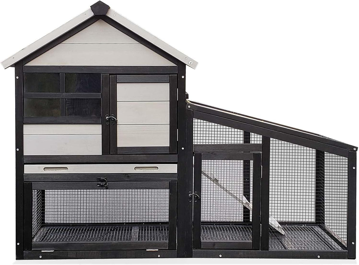 Rabbit Hutch 58" Rabbit Cage Outdoor&Indoor 2-Story Chicken Coop Guinea Pig Cage on Wheels Bunny Cage with 3 Deep No Leakage Pull Out Tray,Waterproof Roof (Black)