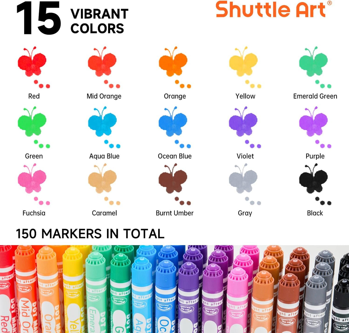 Shuttle Art 150 Pack Dot Markers, 15 Colors x 10 Sets Washable Bingo Daubers for Kids Toddlers, Non-Toxic Water-Based Art Supplies for Preschoolers and Classroom