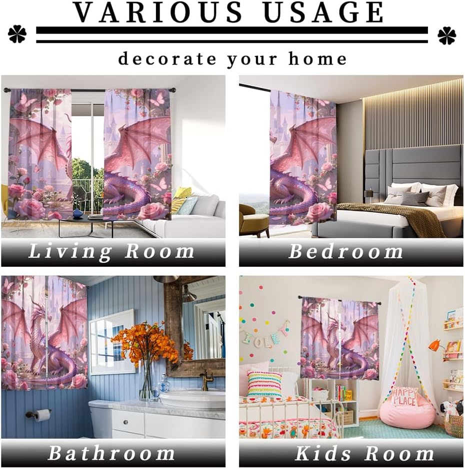 Dreamy Pink Wildlife Dragon Curtains-Fantasy Medieval Castle Rod Pocket Back Tab Window Drapes,Mythological Dragon Floral Roses Thermal Insulated Blackout Curtain,2pcs,Each 52“W x 96”L