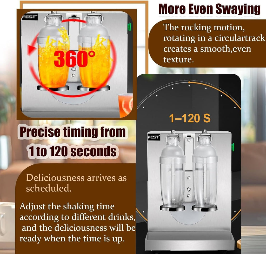 120W Electric Milk Tea Shaker, Double-Head Shaker Machine for Milk Tea & Cocktails, 360° Stainless Steel Automatic Shaker with 1-120s Timer, Fits 350-1000ml Cups (400 RPM), Ideal for Boba, Bartending