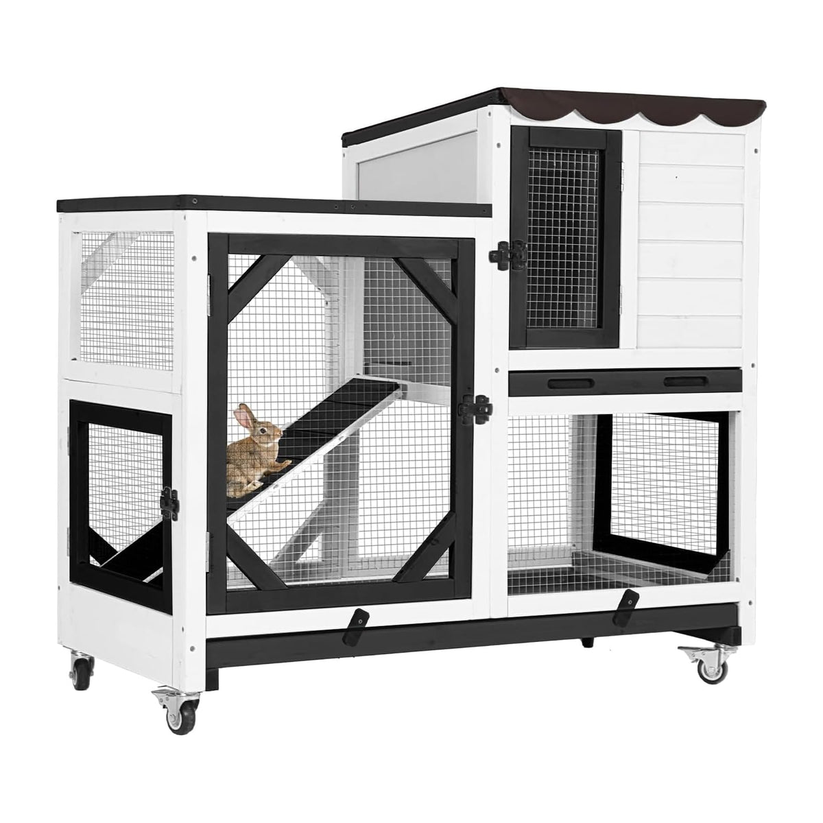 GUTINNEEN Rabbit Hutch Mobile Bunny Cage with Large Wheels, Chewproof Ramp, Leak Proof Trays – Ideal Cage for Rabbits, Guinea Pigs, Indoor/Outdoor Use, 44" L x 20" W x 41.5" H