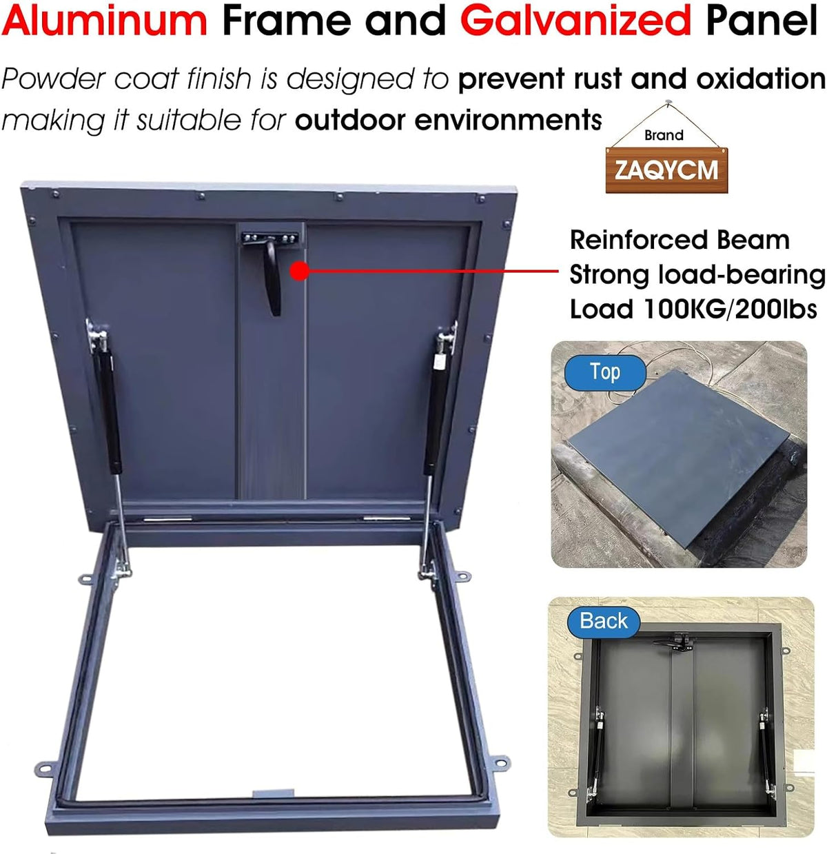 ZAQYCM Locking Flat Roof Access Hatch Door Black, Rooftop Hatch Cover Plate Rainproof, Metal Attic/Cellars Outlet Lid with Gas Shock Strut & Handle & Rubber Seal Strip(W 19in/48cm,L 24in/61cm)