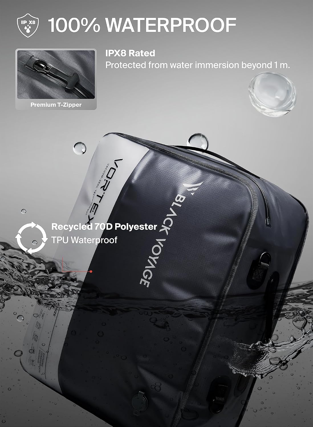 Black Voyage Reusable Vacuum Compression Travel Bag for Carry-On Suitcase and Backpack, Recycled IPX8 Waterproof Space Saver Vacpack (2-Pack, 41L - No Pump)