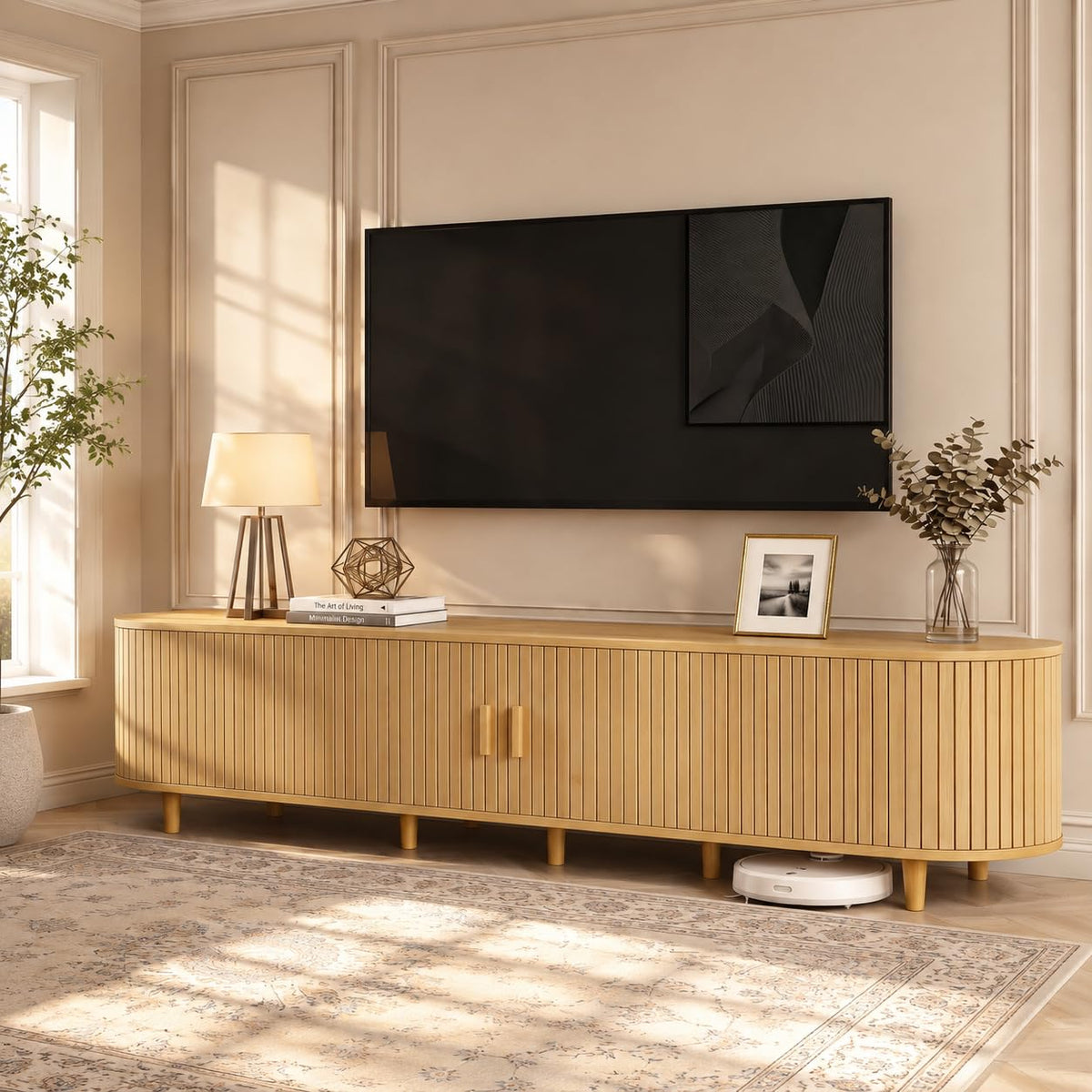 MXV 58" Mid-Century Modern TV Stand with Sliding Doors, TV Consoles with Power Outlet, Fluted Entertainment Center with Adjustable Shelves for Living Room