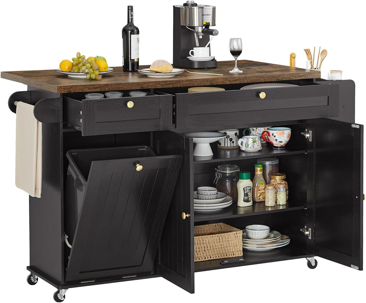 ONBRILL 60" Kitchen Island with Trash Can Storage, Rolling Island Table