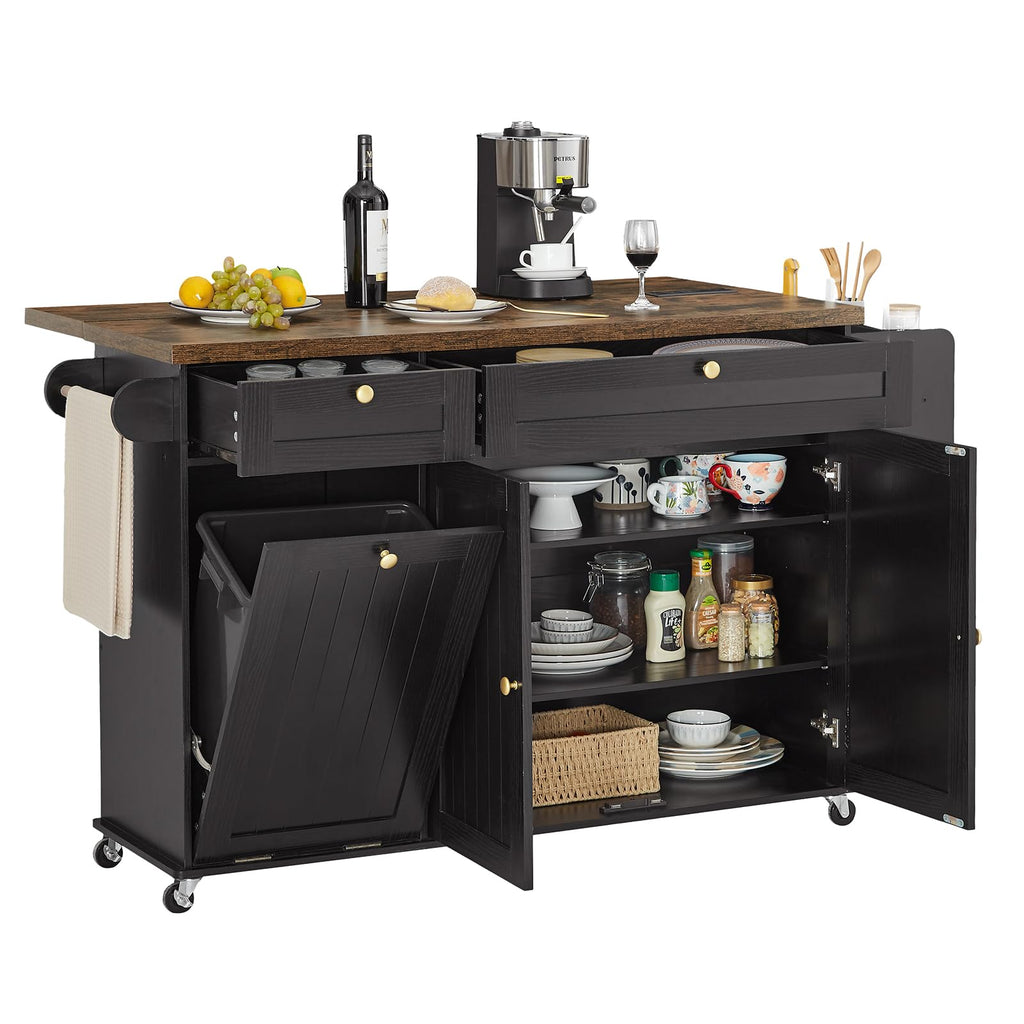 ONBRILL 60" Kitchen Island with Trash Can Storage, Rolling Island Table