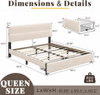 Queen Bed Frame with 2 Storage Drawers, Beige Velvet Upholstered