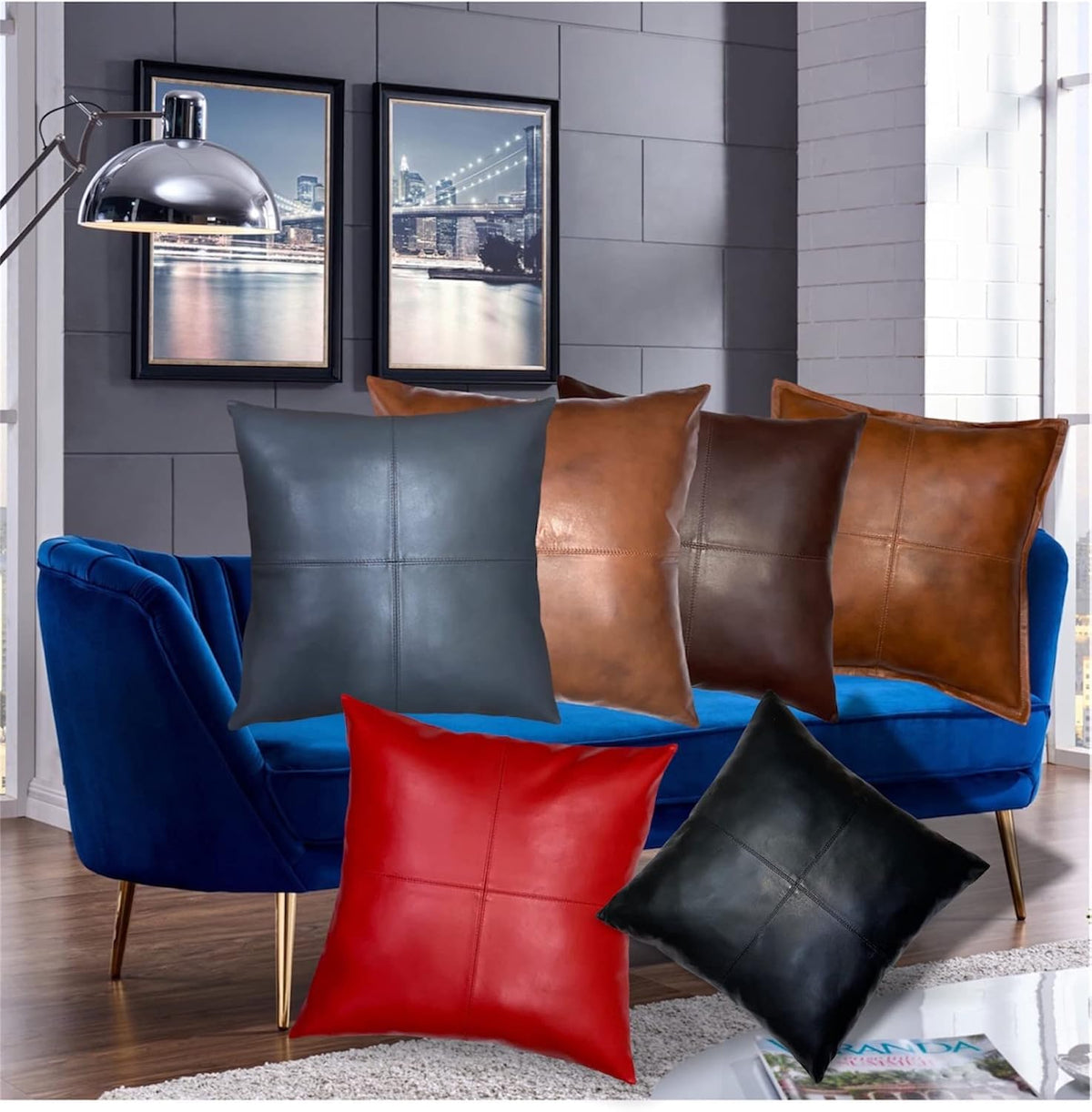 Grey Thick Genuine Leather Pillow Cover Decorative for Couch Throw Pillow Case Grey Leather Cushion Cover. (22" x22'')