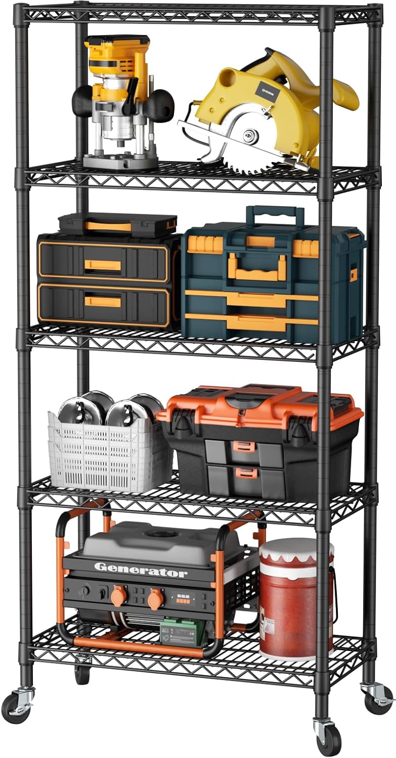 SINGAYE 5 Shelves Storage Wire Shelf Closet Metal Shelving Pantry Wheels