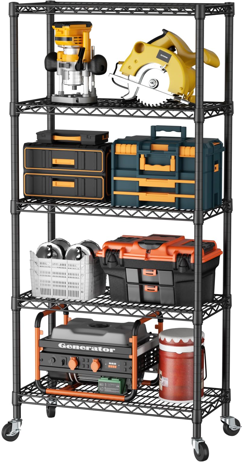 SINGAYE 5 Shelves Storage Wire Shelf Closet Metal Shelving Pantry Wheels