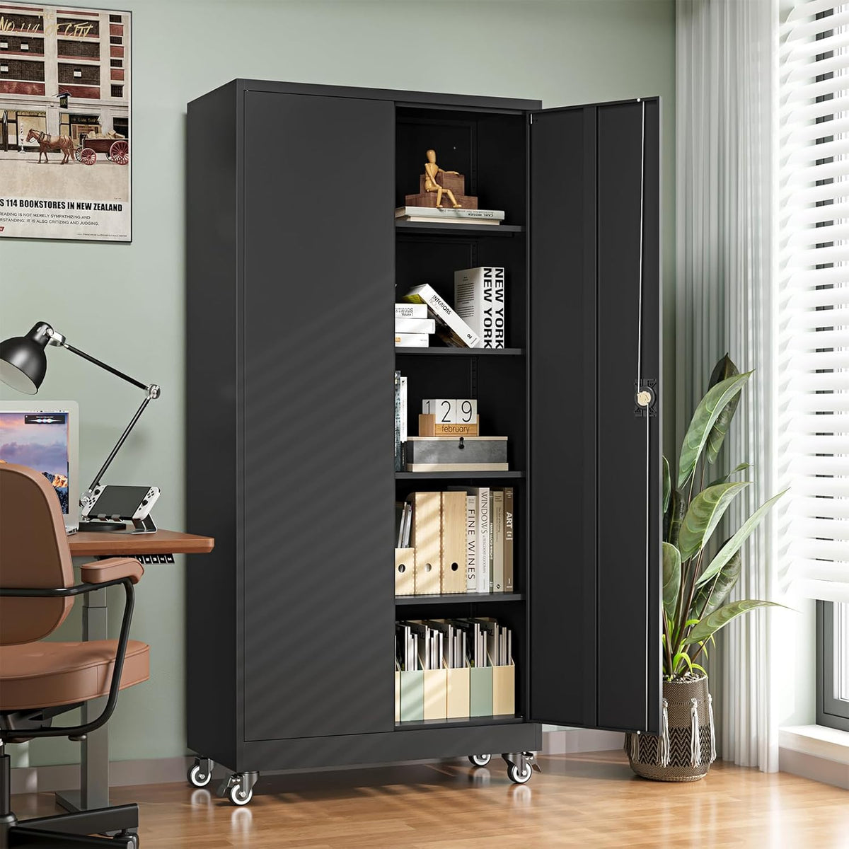 Letaya Metal Garage Storage Cabinets with Wheels,Steel Tool Cabinets Lock Door and Adjustable Shelves for Home,Office,Warehouse Organisieren (Black, 74.41" H)