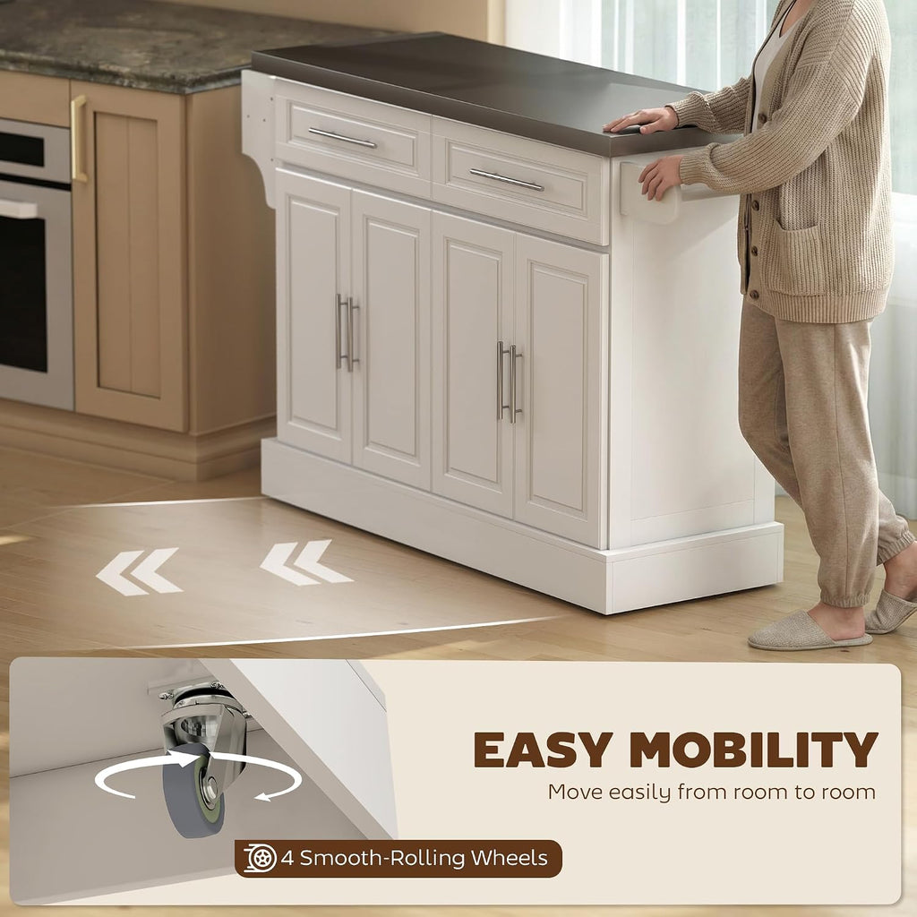 HOMCOM Rolling Kitchen Island Cart with 47" Stainless Steel Top White