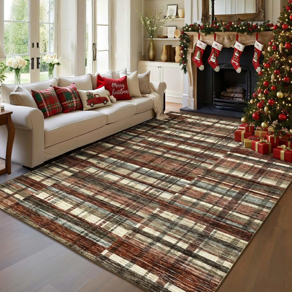 Modern Washable 8x10 Area Rug - Soft, Non-Slip, Stain Resistant, Farmhouse Tartan Plaid for Living Room, Bedroom, Nursery, Office - Beige