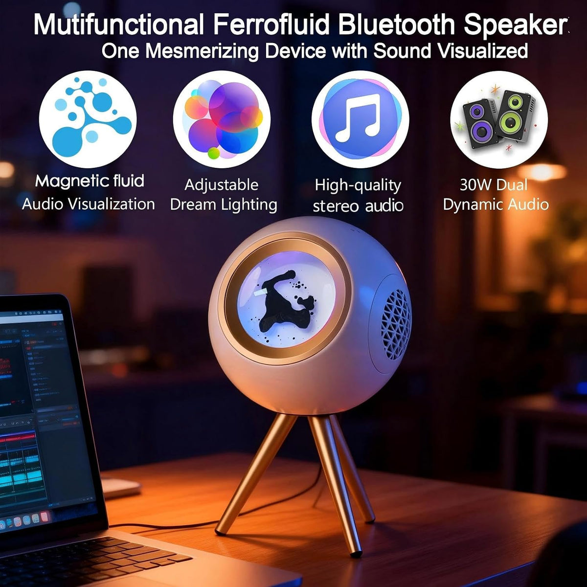 Ferrofluid Speaker, 30W High-Power Audio Visualizer Bluetooth Speaker Enhanced Bass&Crisp Highs, Dual Stereo Channel,TWS paired,Vibrant Ambient Colorlight,Desktop Ferrofluid Toy for PC&Phone