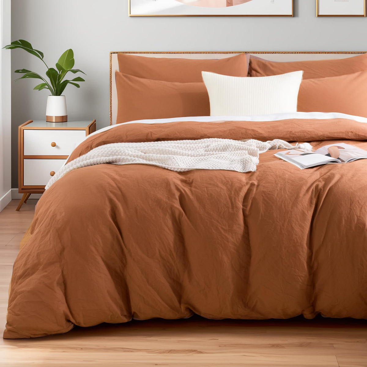 NEXHOME PRO Duvet Cover Set Queen Size Linen Look Textured 100% Washed Cotton Duvet Cover Burgundy Dark Red 3 Pieces Bedding Set with Zipper Closure,Breathable, Soft Organic Natural(No Comforter)