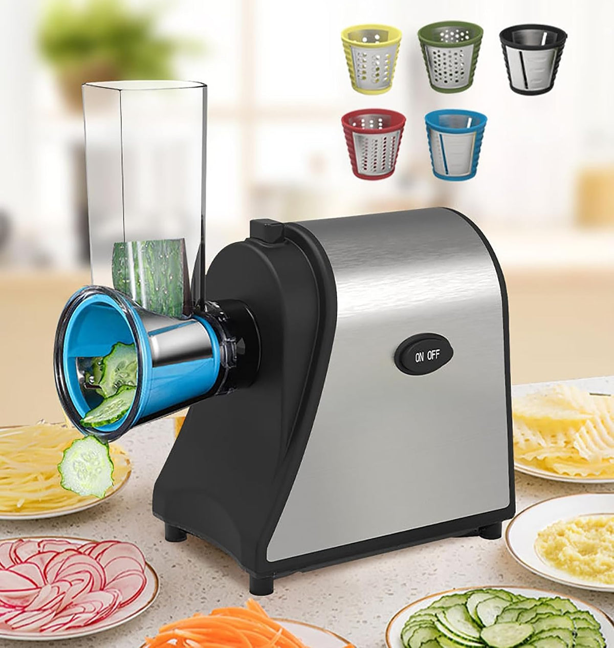 Electric Grater, 1000W Professional Vegetable Cutter, 5 Interchangeable Stainless Steel Blades, Easy to Operate, for Shredding and Grating Hard Cheese, Chocolate, Nuts