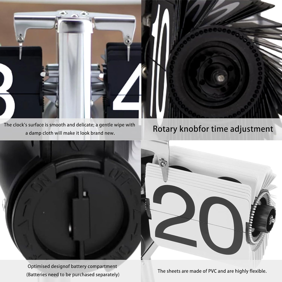 Retro Flip Clock,Auto Flip Clock, Metal Stand, Battery Powered, (Extended Length 32~65CM) for Living Room and Office Decor (Retractable Black)