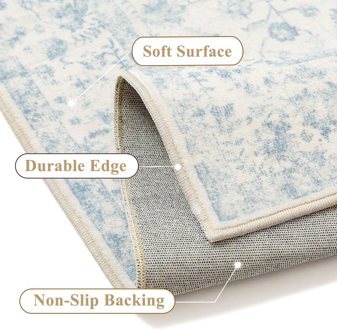 PureCozy Blue 6x6 Round Area Rug Vintage Washable Carpet Non Slip