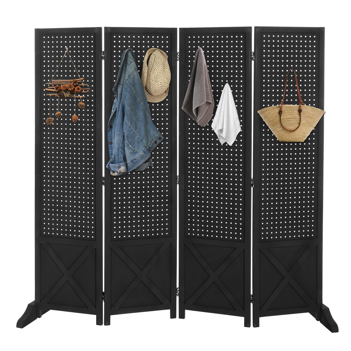 VINGLI Freestanding Pegboard with Support Feet, 5 FT Wood Room Divider Display Board Organizer, Folding Privacy Screen Partition Space Separator for Craft Shows Events Retail (Black, 4 Panel)