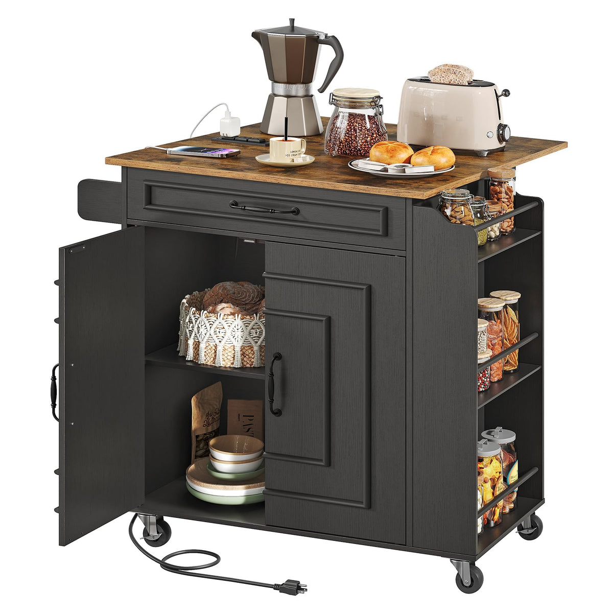 RALGEND Kitchen Island with Power Outlets & Drop Leaf, Small Rolling Kitchen Cart on Wheels, Kitchen Storage Island with Spice Rack, Mobile Island Table for Kitchen, Dinning, White and Natural