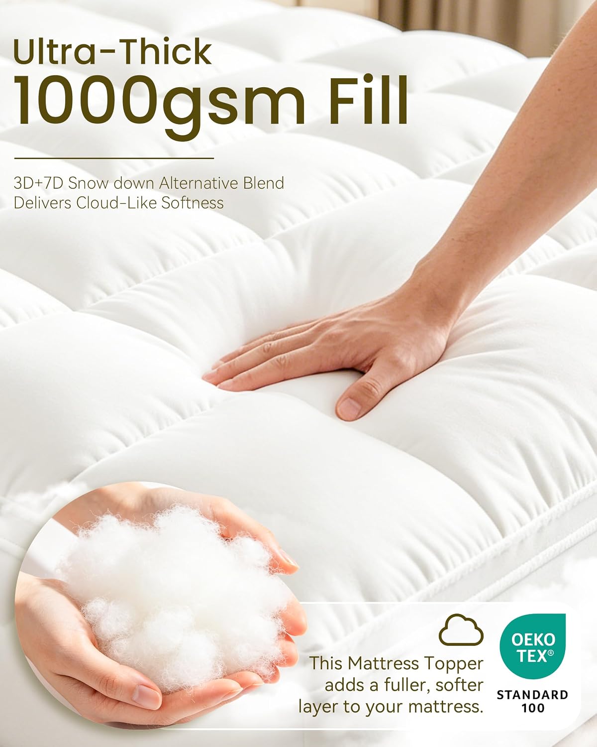 Mattress Topper, WestMonth Premium Quilted 1000gsm Extra Thick Mattress Topper, Fluffy Soft & Breathable Cooling Memory Foam Mattress Topper for Back Pain, 8-21" Deep Pocket (King)