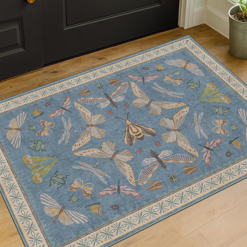 Hazo Haus Dark Green Insect Area Rugs 8x10 for Living Room, Dining Room Under Table, Bedroom, Unique Washable Floral Non Slip Low Pile Soft Rug