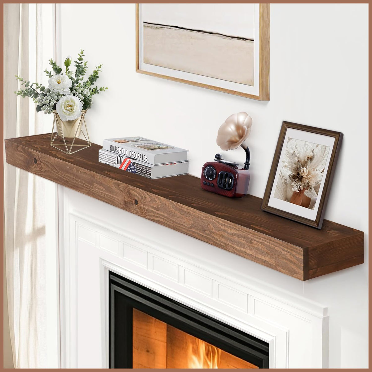 G GOOD GAIN 60'' Fireplace Mantel, 5'' Pine Wood Floating Shelf, DarkWalnut