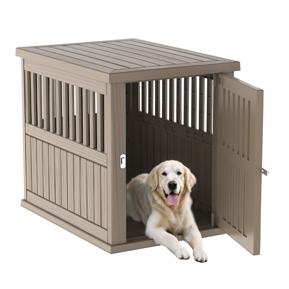 DRATO Dog House Resin Dog Kennel Furniture Weatherproof Functional End Table for Indoor Living Spaces & Outdoor Patios(Light Brown, Large (39.37 * 28.35 * 32.83))