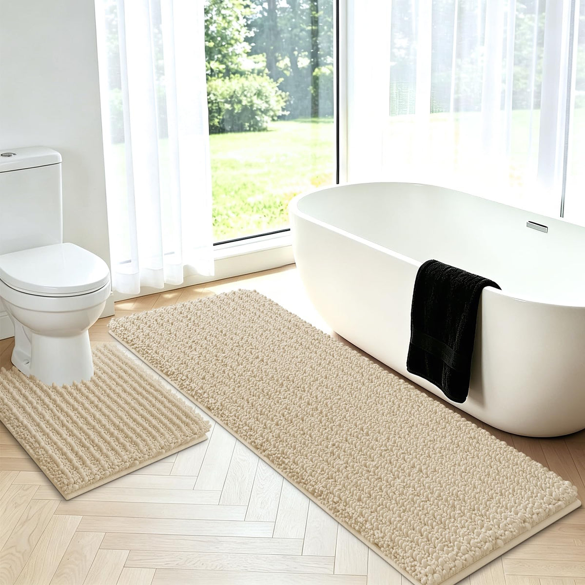 ACCUMTEK Upgrade Extra Large Black Bathroom Rug Set 3 Pieces Ultra Soft, Thick Absorbent Bath Mats, Non Slip Chenille Toilet Mat for Bathroom, Bedroom, Kitchen