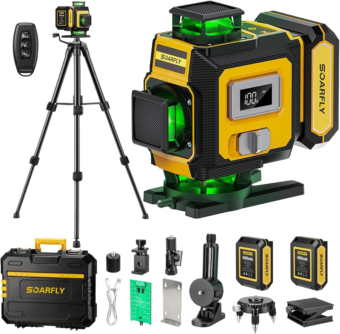 SOARFLY Laser Level with Tripod, 4x360° Self-Leveling Green Beam 4D Laser Level, Dual 4000mAh Lithium Batteries, Laser Level kit for Tile Installation, Framing, Picture Hanging & Home Renovation