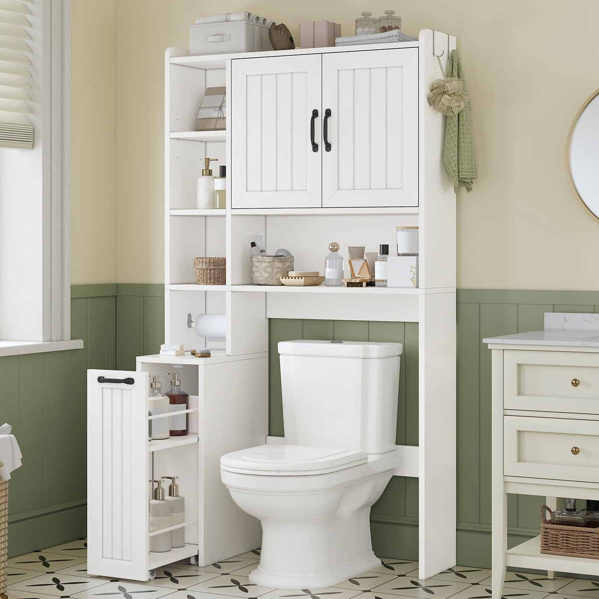 UPOSOJA Over The Toilet Storage Cabinet with Pulley Small Bathroom Storage Cabinet, Space Saver W/Adjustable Shelf & Open Shelf for Bathroom, Restroom, Laundry (White)