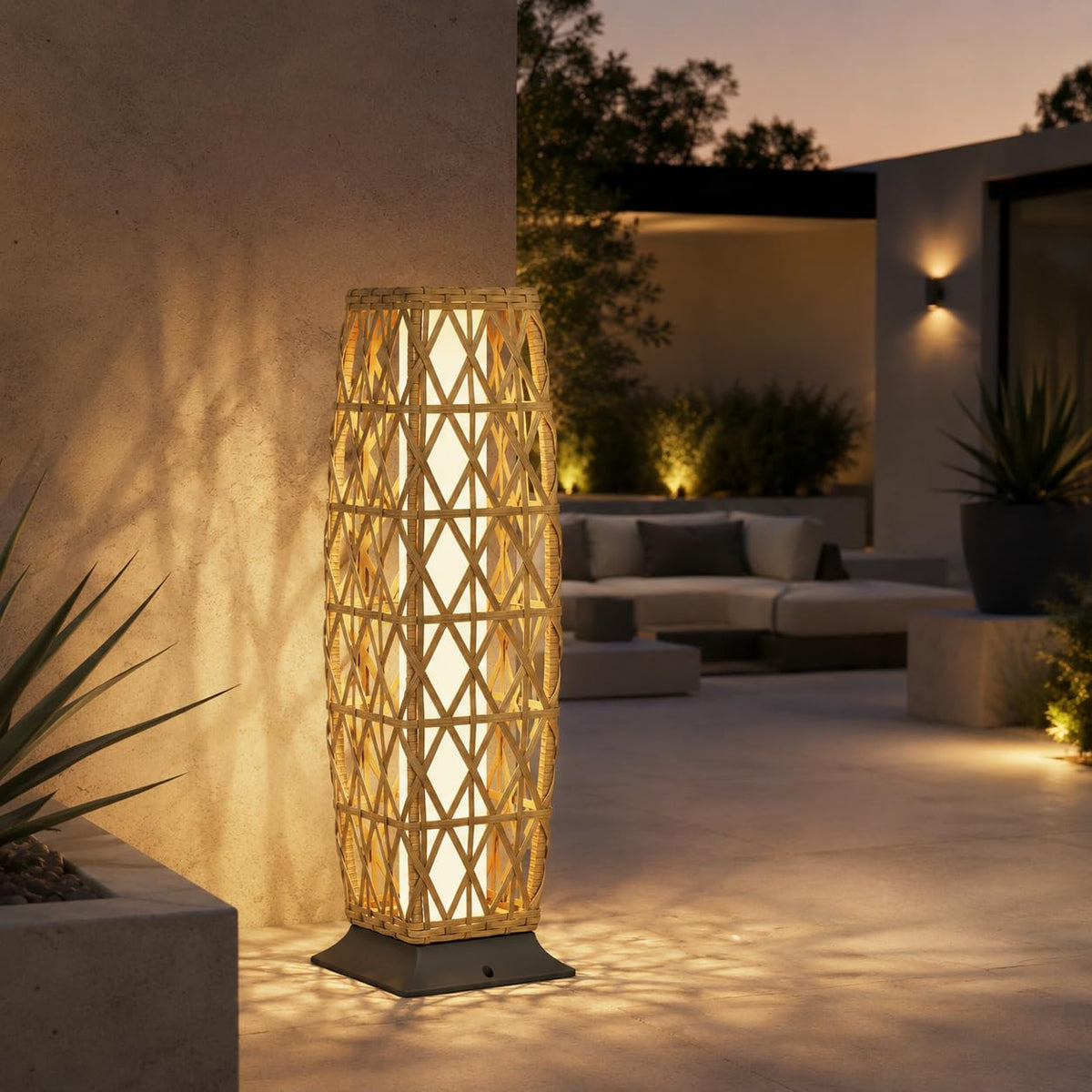 Grand patio 2-Piece Outdoor Floor Lamp Solar Powered Lantern Waterproof Wicker Boho Deck Lights for Garden Porch Decor, Large Crossover