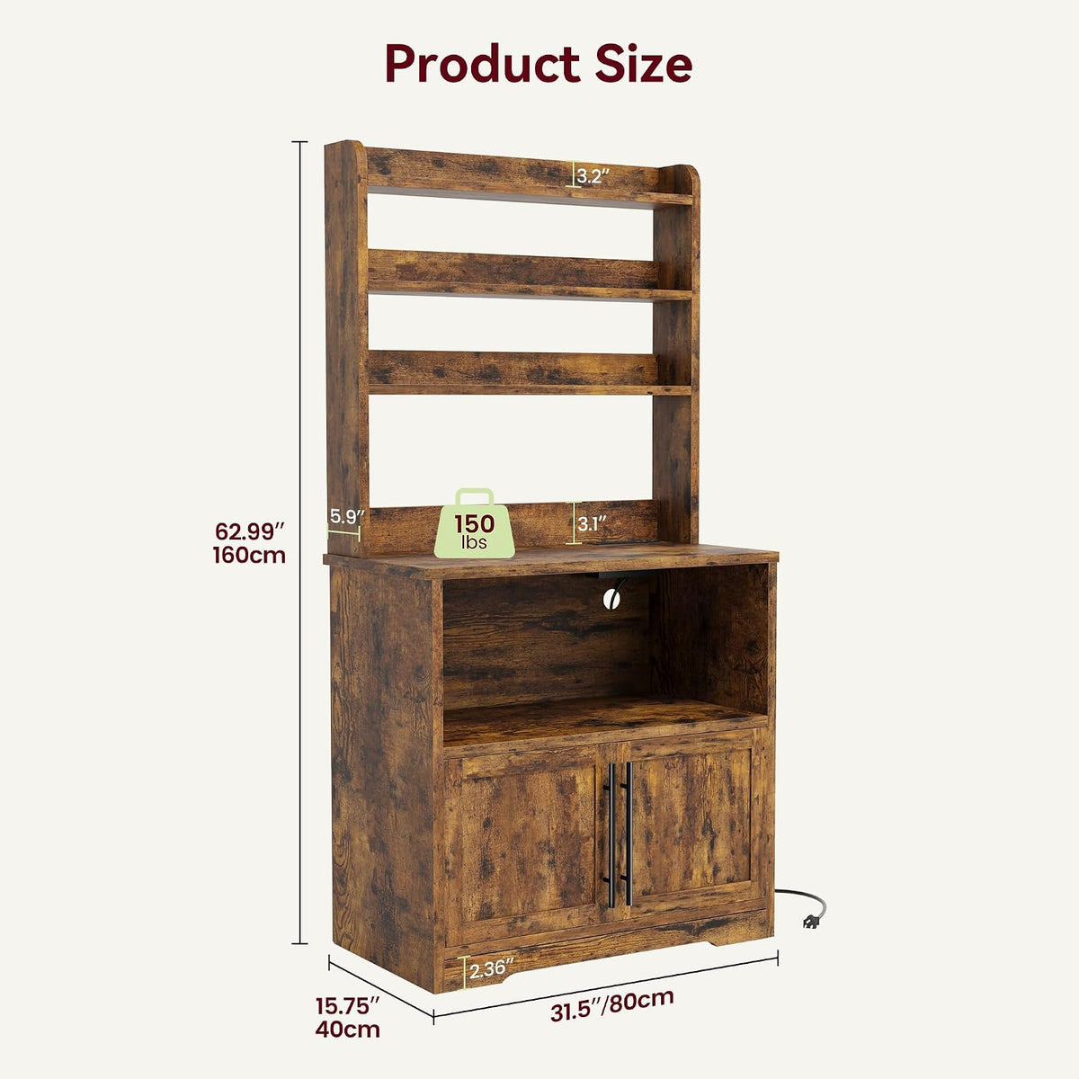 63" Kitchen Bakers Rack with Power Outlet, Coffee Bar Cabinet