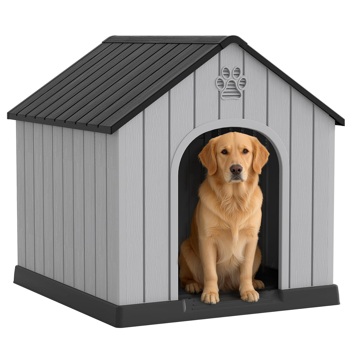 Fancyango Large Dog House Outdoor Indoor for Medium Large Dogs, Sturdy Plastic Waterproof Doghouse with Air Vents and Elevated Floor, Easy Clean and Assemble (Grey, 36.2''L×38''W×38''H)