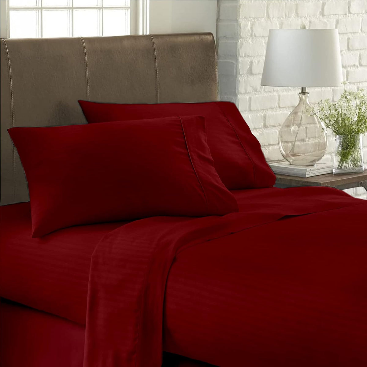 USA Full Sheet Set in Burgundy Stripe 400 Thread-Count 100% Egyptian Long Staple Cotton, Sateen Weave for Soft and Silky Feel, Breathable 4-Piece Bedsheet, Elasticized 24'' Extra Deep Pocket