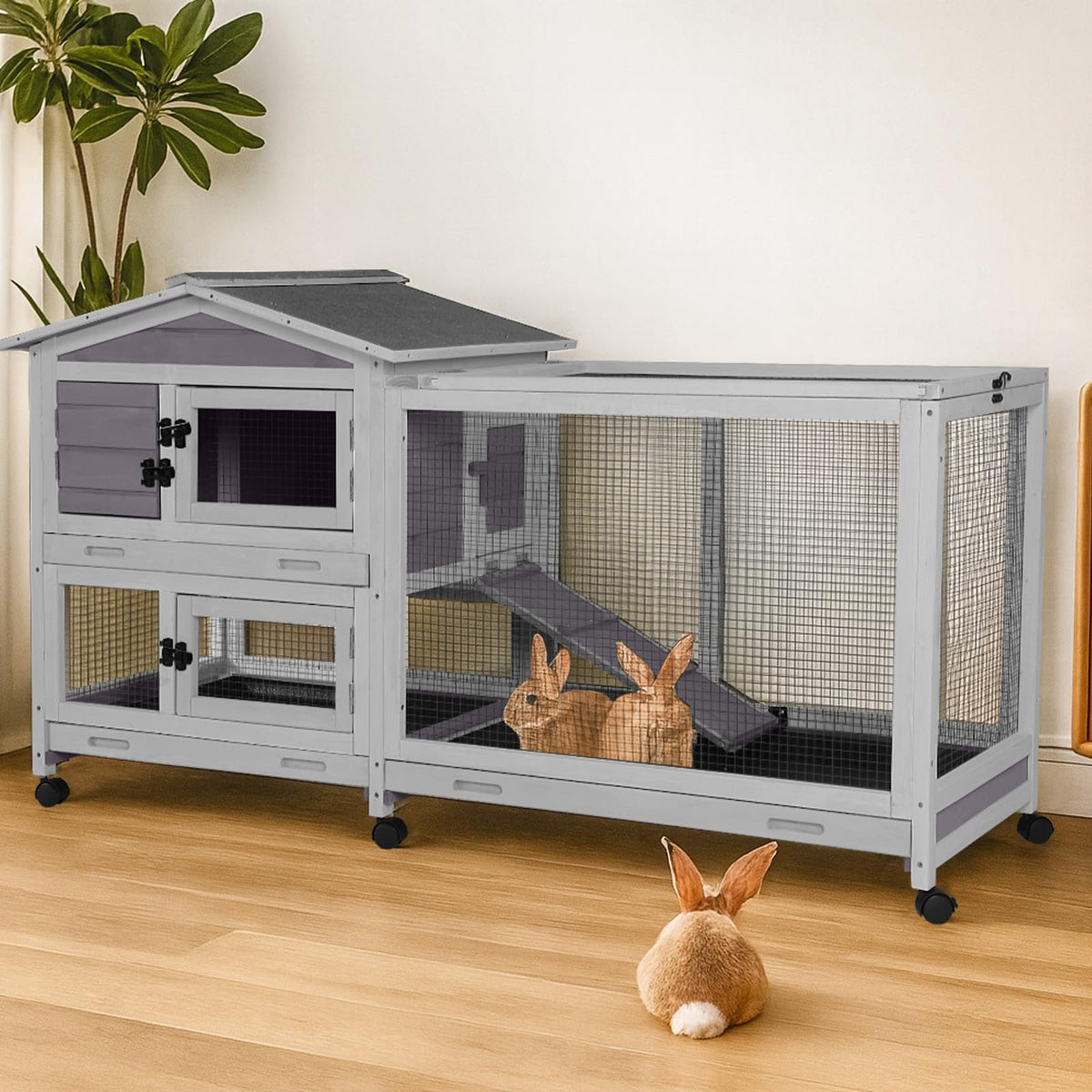 62″ 2-Story Large Rabbit Hutch with Chew-Proof Ramp, 3 Leakproof Trays, Waterproof Roof, 6 Lockable Wheels for Rabbits & Guinea Pigs (Brown)