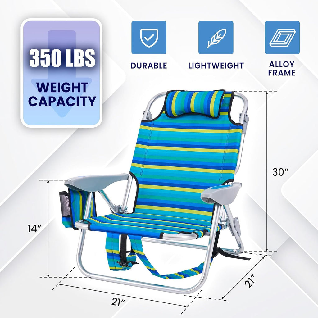 2 Pack Lightweight Portable Camping Beach Chair for Adults, Outdoor Lay Flat Folding Beach Chairs with 5 Positions, Backpack Beach Chair with Towel Bar, Zipper Pouch, Cup Holder, NEW Striped